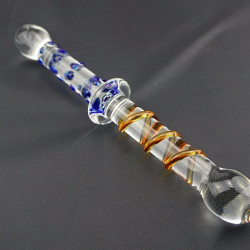 Çift Uçlu Cam Dildo Spiral ve Nokta Dokulu - Mavi Amber