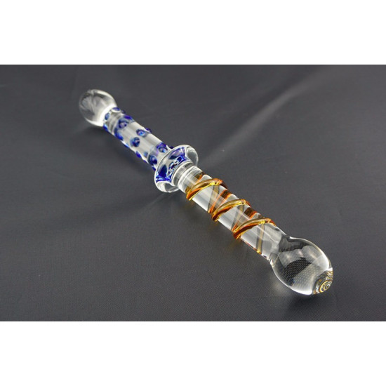 Çift Uçlu Cam Dildo Spiral ve Nokta Dokulu - Mavi Amber