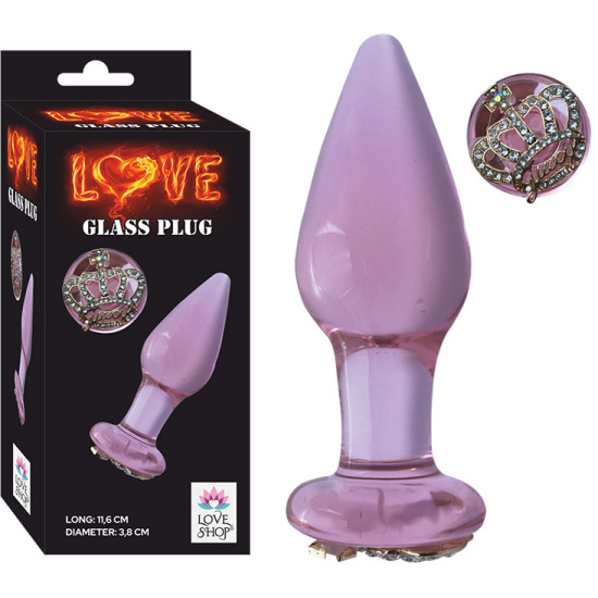 Love Glass Plug 11,6 cm Taşlı Taç Tabanlı Pembe Cam Anal Plug