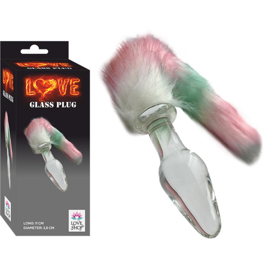 Love Glass Plug 11 cm Cam Anal Plug 37 cm Renkli Peluş Kuyruklu