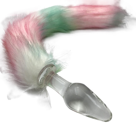 Love Glass Plug 11 cm Cam Anal Plug 37 cm Renkli Peluş Kuyruklu