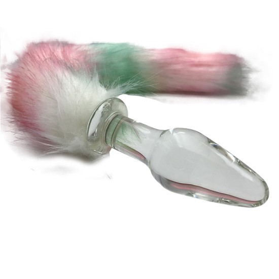 Love Glass Plug 11 cm Cam Anal Plug 37 cm Renkli Peluş Kuyruklu
