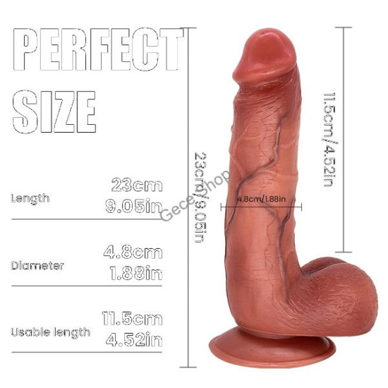 Adrian 23 cm Çift Katmanlı Titreşimli Penis – Uzaktan Kumandalı, Damarlı, Testisli, Vantuzlu, Su Geçirmez