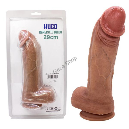 Hugo 29 cm Çift Katmanlı Silikon Penis – Damarlı, Testisli, Vantuzlu, Su Geçirmez