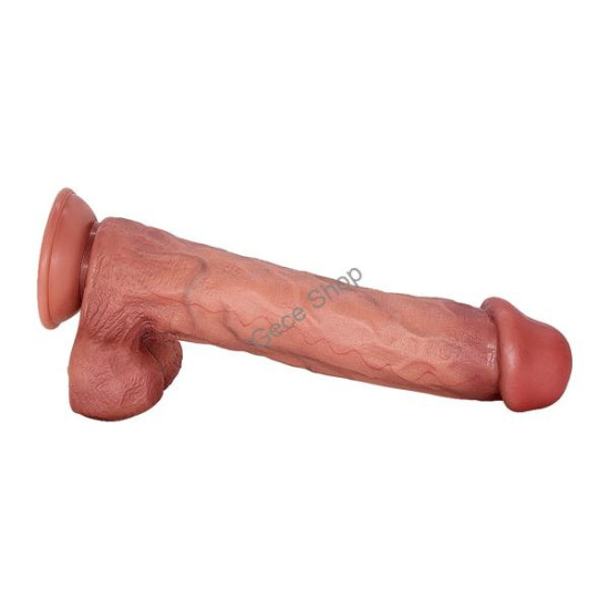 Jorge 29,5 cm Çift Katmanlı Titreşimli Penis – Uzaktan Kumandalı, Damarlı, Testisli, Vantuzlu, Su Geçirmez