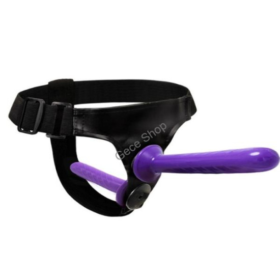Mor Double Dong Titreşimli Belden Bağlamalı Çift Taraflı Bisex Dildo